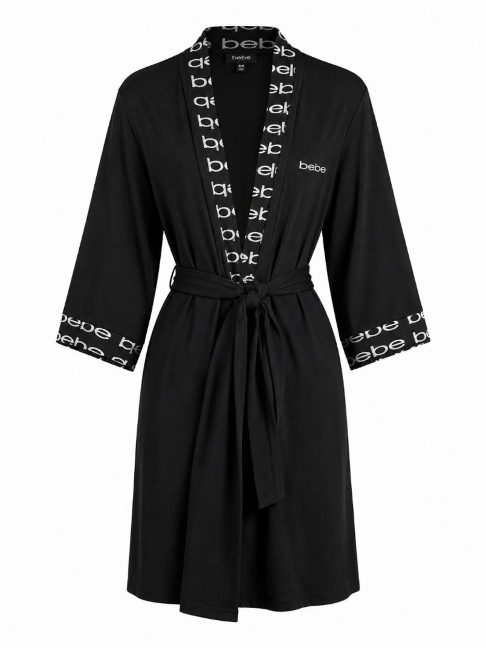 Bebe Rhinestone Logo Robe Sz M Black 3/4 Sleeve Wrap Belted Sleepwear